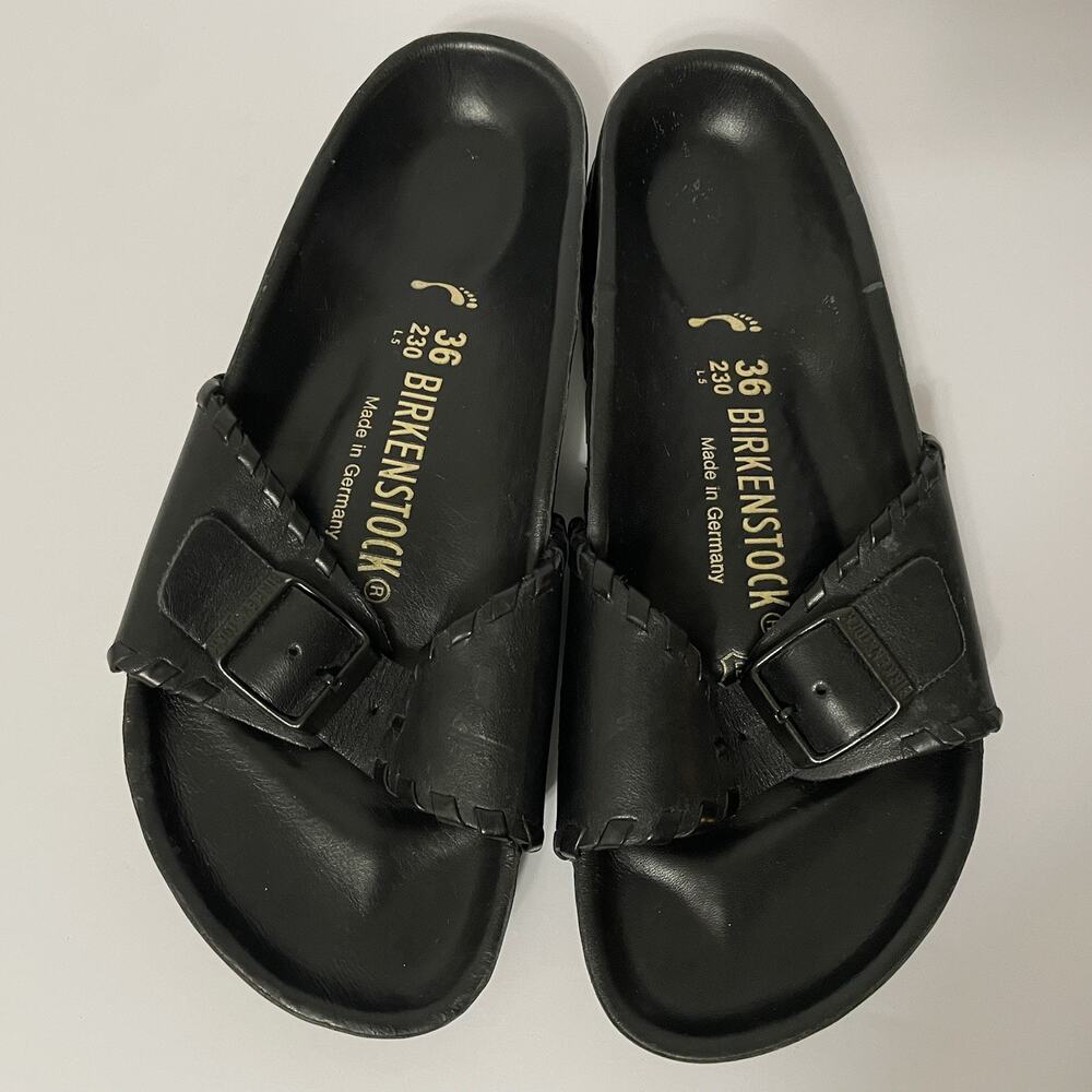 Birkenstock Madrid Solid Black Leather Buckle Strap Woven Trim EU 36 US 5